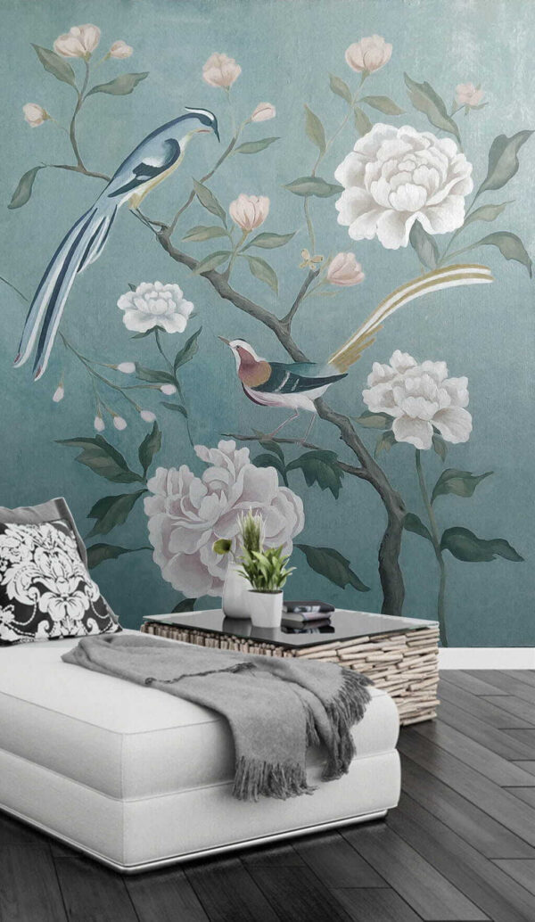 Gemälde von Vögeln auf einem Zweig mit Blumen Fototapeten Gemälde von Vögeln auf einem Zweig mit Blumen