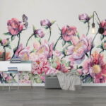 Fototapeten Aquarellmalerei von Blumen und einem Schmetterling