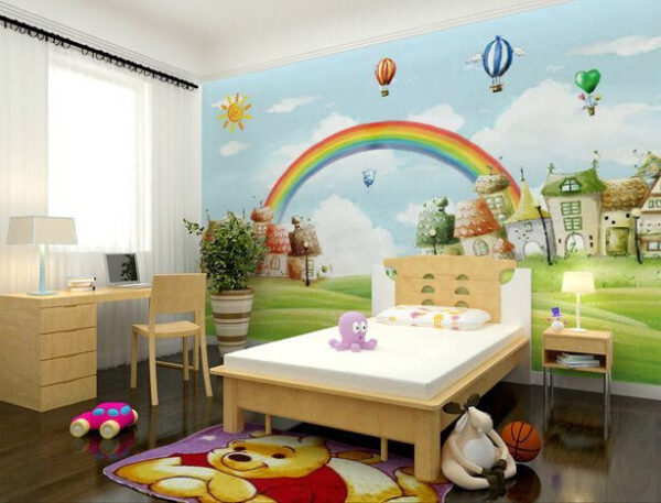 Cartoon-Landschaft mit einem Regenbogen und Häusern Fototapeten Cartoon-Landschaft mit einem Regenbogen und Häusern