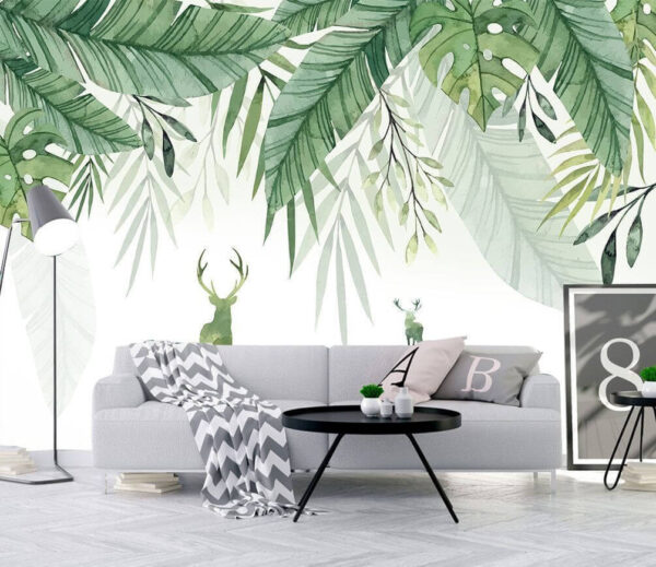 Aquarellmalerei eines Rehs und Blätter Fototapeten Aquarellmalerei eines Rehs und Blätter