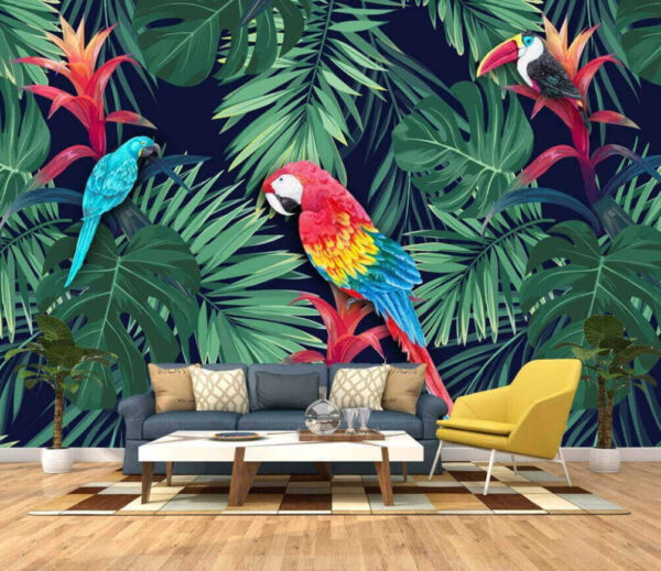 Bunte Papageien und Blätter Fototapeten Bunte Papageien und Blätter