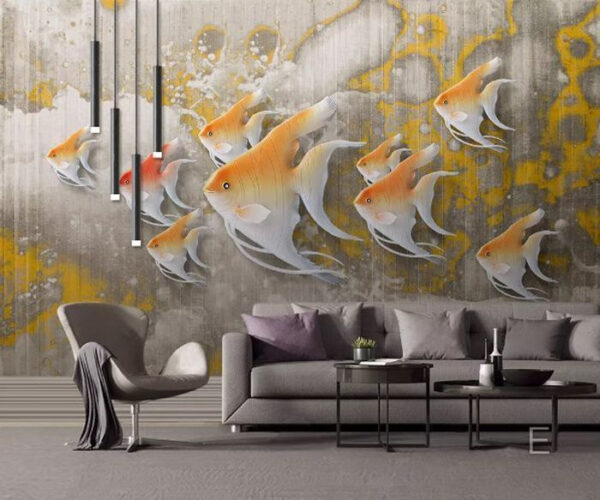 Bunte Fische schwimmen in Formation Fototapeten Bunte Fische schwimmen in Formation