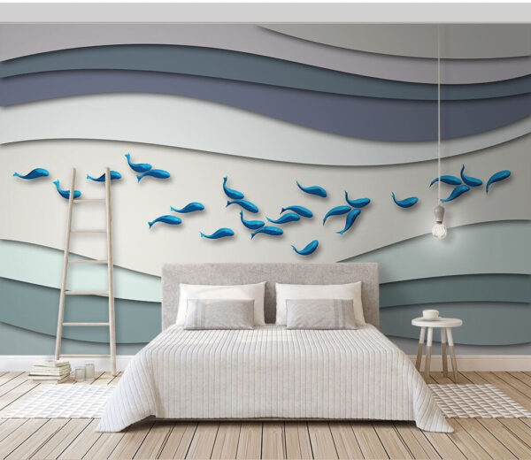 Gruppe von blauen Fischen, die in einer Gruppe von Wellen schwimmen Fototapeten Gruppe von blauen Fischen, die in einer Gruppe von Wellen schwimmen