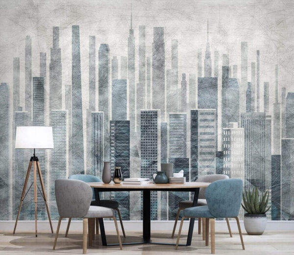 Futuristische Stadtlandschaft mit hoch aufragenden Wolkenkratzern Fototapeten Futuristische Stadtlandschaft mit hoch aufragenden Wolkenkratzern