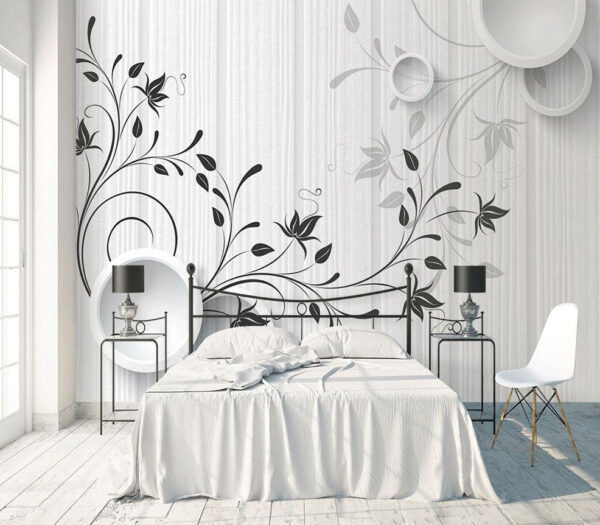 Weiße Wand mit schwarzen und weißen Blumen Fototapeten Weiße Wand mit schwarzen und weißen Blumen