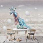 Fototapeten Giraffe mit einem Schal und einem rosa Schal im Himmel