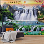 Fototapeten Wasserfall mit Vögeln und Blumen