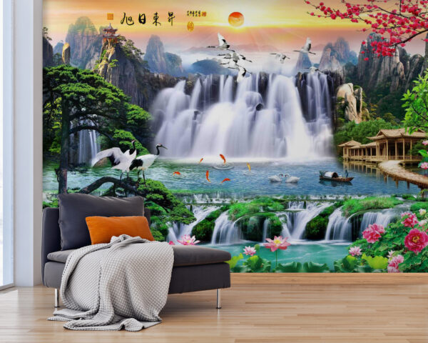 Wasserfall mit Vögeln und Blumen Fototapeten Wasserfall mit Vögeln und Blumen