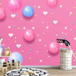 Fototapeten Rosa Hintergrund mit weißen und blauen Luftballons und Sternen