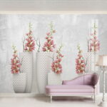 Fototapeten Gruppe von weißen Vasen mit rosa Blumen