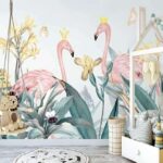 Fototapeten Gruppe von Flamingos mit Kronen und Blumen