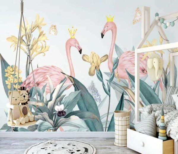 Fototapeten Fototapeten Gruppe von Flamingos mit Kronen und Blumen (Artikelnummer: u29466)