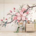Fototapeten Malerei von rosa Blumen auf einem Zweig