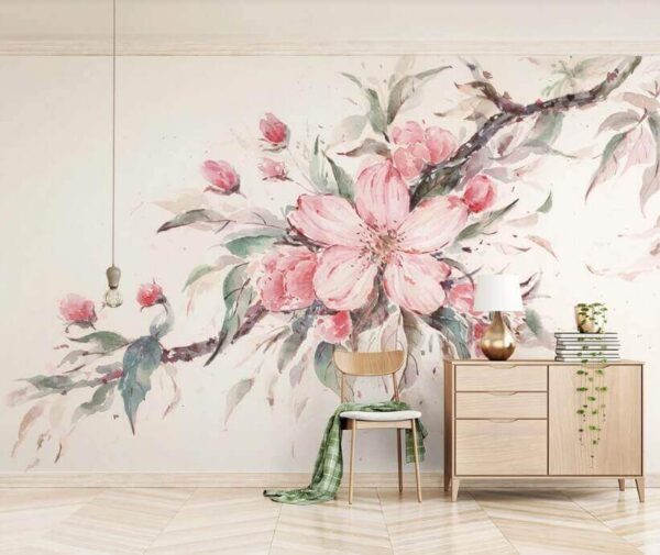 Fototapeten Malerei von rosa Blumen auf einem Zweig