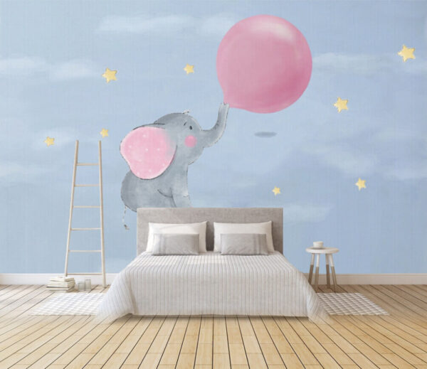 Karikatur eines Elefanten, der einen Luftballon hält Fototapeten Karikatur eines Elefanten, der einen Luftballon hält