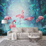 Fototapeten Gruppe von rosa Flamingos in einem Wald