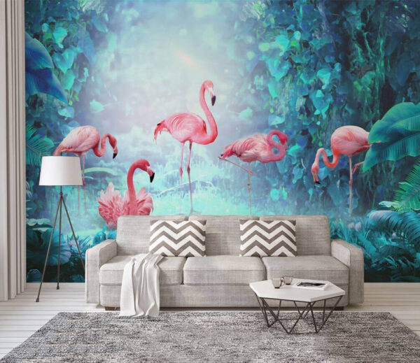 Gruppe von rosa Flamingos in einem Wald Fototapeten Gruppe von rosa Flamingos in einem Wald