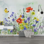 Fototapeten Leuchtende Blüten und flatternde Schmetterlinge