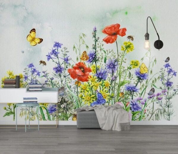 Leuchtende Blüten und flatternde Schmetterlinge Fototapeten Leuchtende Blüten und flatternde Schmetterlinge