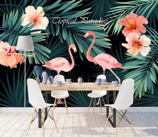 Ein paar rosa Flamingos und Blumen Fototapeten Ein paar rosa Flamingos und Blumen