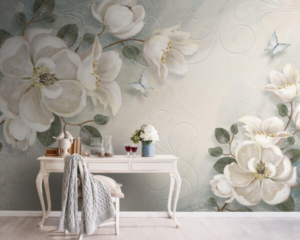 Weiße Blumen und Blätter auf einem weißen Hintergrund Fototapeten Weiße Blumen und Blätter auf einem weißen Hintergrund