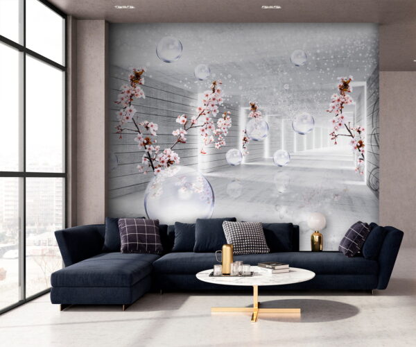 Weißes Zimmer mit Blumen und Seifenblasen Fototapeten Weißes Zimmer mit Blumen und Seifenblasen