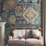 Fototapeten Blaues und gelbes Design auf blauer Oberfläche