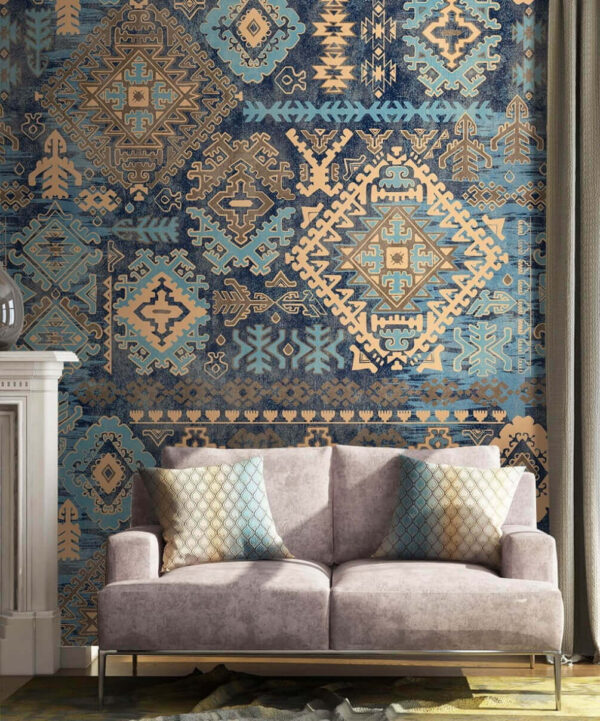 Blaues und gelbes Design auf blauer Oberfläche Fototapeten Blaues und gelbes Design auf blauer Oberfläche