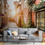 Fototapeten Lila ovales Schild an einer Backsteinmauer