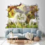 Fototapeten Mauer mit einem Schloss und Einhörnern