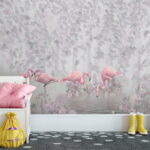Fototapeten Gruppe von rosa Flamingos in einem Teich mit Blumen