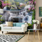 Fototapeten Ein bezaubernder Wasserfall inmitten der Blütenpracht.