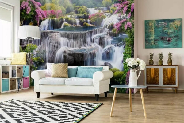 Ein bezaubernder Wasserfall inmitten der Blütenpracht Fototapeten Ein bezaubernder Wasserfall inmitten der Blütenpracht