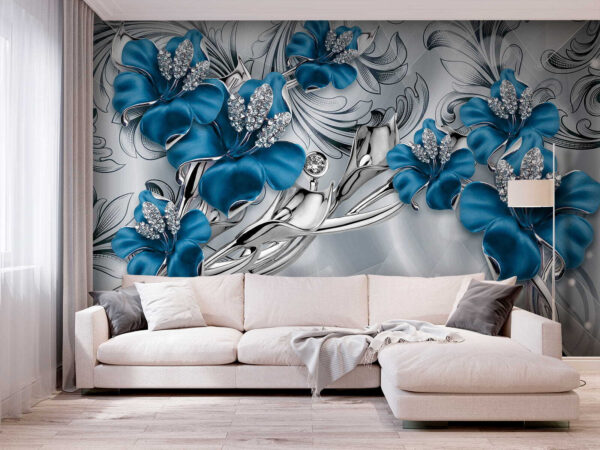 Verschnörkelte blaue Blumen mit Kristallen Fototapeten Verschnörkelte blaue Blumen mit Kristallen