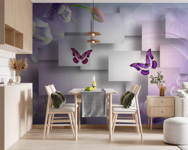 Lila und weiße Blumen und Schmetterlinge Fototapeten Lila und weiße Blumen und Schmetterlinge