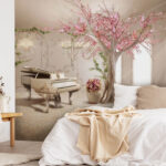 Fototapeten Baum mit rosafarbenen Blumen und einem Klavier in einem Zimmer
