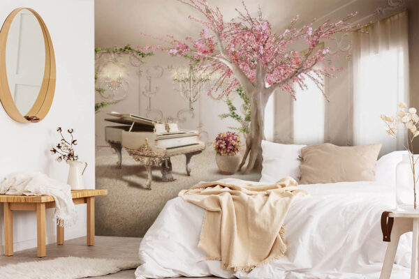 Baum mit rosafarbenen Blumen und einem Klavier in einem Zimmer Fototapeten Baum mit rosafarbenen Blumen und einem Klavier in einem Zimmer