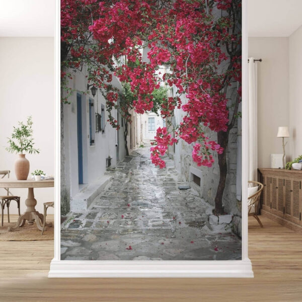 Bougainvillea erhellt die enge Gasse Fototapeten Bougainvillea erhellt die enge Gasse