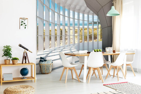 Fototapeten Sonniger Strandblick durch geometrische Fenster