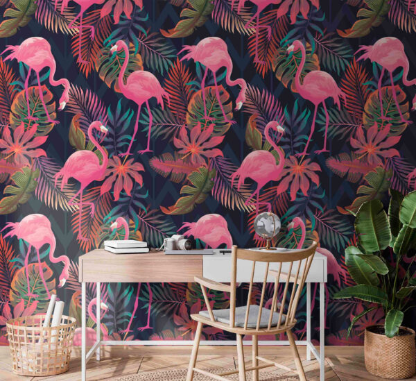 Muster aus rosa Flamingos und Blättern Fototapeten Muster aus rosa Flamingos und Blättern