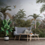 Fototapeten Vogel fliegt über einen tropischen Wald