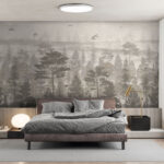 Fototapeten Vögel fliegen über einen Wald