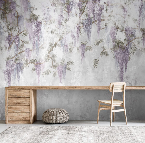 Zarte lila Blüten auf weißer Leinwand Fototapeten Zarte lila Blüten auf weißer Leinwand
