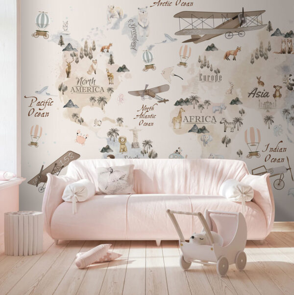 Vintage-Karte mit Tieren und Flugzeugen Fototapeten Vintage-Karte mit Tieren und Flugzeugen