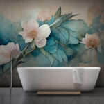 Fototapeten Florale Aquarelle auf türkisfarbenem Hintergrund.