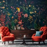 Fototapeten Blumenparadies mit lebhaften Vögeln