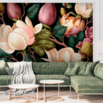 Fototapeten Elegante Magnolien und üppige Blätter.
