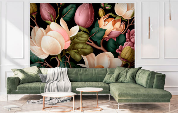 Elegante Magnolien und üppige Blätter Fototapeten Elegante Magnolien und üppige Blätter