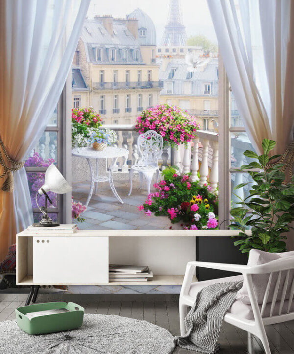 Gelassener Pariser Balkon mit Blumen Fototapeten Gelassener Pariser Balkon mit Blumen
