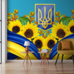 Fototapeten Sonnenblumen und blau-gelbes Emblem